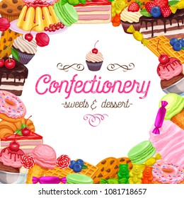 Vector frame banner page design confectionery and sweets icons. Donut and cotton candy, muffin, waffles, biscuits and jelly. Dessert, lollipop, ice cream with candied, macaron and pudding.