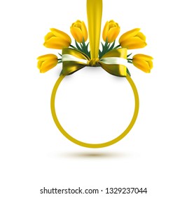  Vector frame banner withyellow realistic ribbon, bow and tulips flowers. Sale template background, label. Offer concept design. Greeting card.