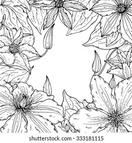 Vector frame with beautiful clematis flowers for greeting card or wedding invitation