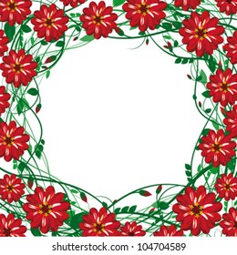 vector  frame of the beautiful red detailed flowers, buds, leaves, flexible twigs, with space for installation of text or image, isolated on white