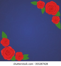 Vector frame of beautiful red roses on gradient navy background with transparent blue roses silhouette. Flat style of flowers, design for greeting, wedding, birthday card