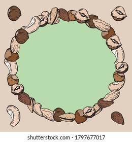 Vector frame. Beautiful round frame from different nuts. Background from delicious hazelnuts, almonds, cashews. The background is suitable for invitations, cards, packaging, baby products.