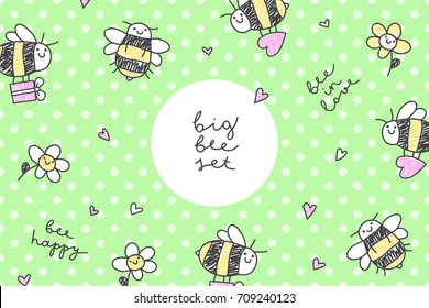 vector frame with bees and flowers, template for design