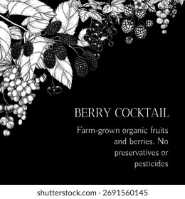 Vector frame berry cocktail. Cherries, grape, raspberries, mulberry , currant. Fresh farm fruits. Organic farming. Nutrition banner, healthy eating