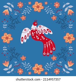Vector frame with bird, flowers and leaves with different folk compositions. Motif in scandinavan style. Ethnic flat illustration with nordic detailed in trendy colors.