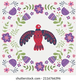 Vector frame with bird, flowers and leaves with different folk compositions. Motif in scandinavan style. Ethnic flat illustration with nordic detailed in trendy colors.