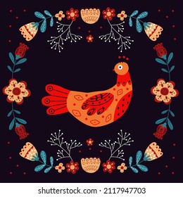 Vector frame with bird, flowers and leaves with different folk compositions. Motif in scandinavan style. Ethnic flat illustration with nordic detailed in trendy colors.