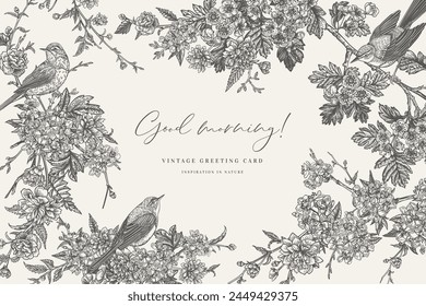 Vector frame with birds and blooming garden trees. Detailed background. Full bloom. Spring flowers. Kerry, hawthorn, cherry. Black and white