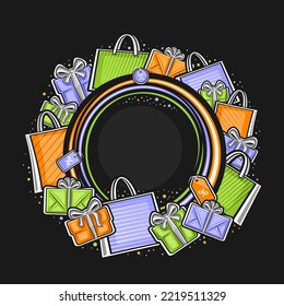 Vector frame for Black Friday sale with blank copyspace for advertising text, decorative circle sign board with illustration of variety paper bags, gift boxes for black friday sale on dark background