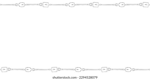 Vector frame from black outline of garden shovel, spade, scoop. Work tools. Horizontal upper and lower edging, border, divider on topics of gardening, farming, agriculture