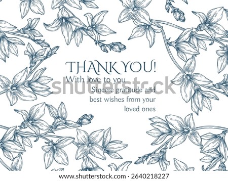 Vector frame with blooming forsythia inflorescences. Template for a thank you card with spring flowers. Delicate decoration of flowering branches in engraving style. For invitations, cards, banners
