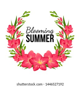 Vector frame of blooming freesias and buds
