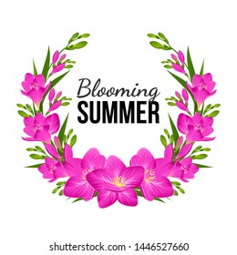 Vector frame of blooming freesias and buds