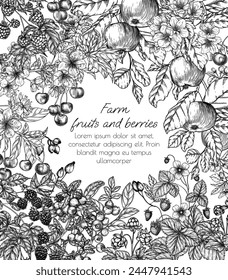 Vector frame blooming garden with harvest. Cherries, apples, rose hips, raspberries, blackberries, cloudberries, lingonberries, blueberries in engraving style