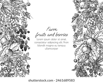 Vector frame blooming garden with harvest. Cherries, grape, apples, rose hips, raspberries, blackberries, cloudberries, lingonberries, blueberries in engraving style