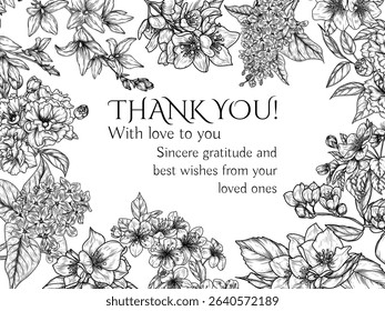Vector frame with blooming inflorescences. Forsythia, sakura, lilac, jasmine, blooming apple and cherry trees. Template for thank you card with spring flowers. Delicate decor of blooming branches 