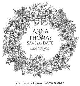 Vector frame with blooming inflorescences. Forsythia, sakura, lilac, jasmine, flowering apple and cherry trees. Wedding invitation template with spring flowers. Delicate decor of flowering branches 