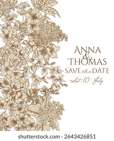 Quadro vetorial com inflorescências florescentes. Forsythia, sakura, lilás, jasmim, macieiras floridas e cerejeiras. Modelo de convite de casamento com flores da primavera. Decoração delicada de ramos floridos 