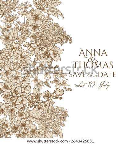 Vector frame with blooming inflorescences. Forsythia, sakura, lilac, jasmine, flowering apple and cherry trees. Wedding invitation template with spring flowers. Delicate decor of flowering branches 