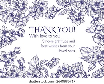 Vector frame with blooming jasmine inflorescences. Template for a thank you card with spring flowers. Delicate decoration of flowering branches in engraving style. For invitations, cards, banners