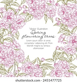 Vector frame of blooming sakura trees in engraving style