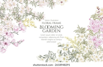 Vector frame of blooming spring trees in engraving style. Magnolia, jasmine, lilac, forsythia, mimosa, sakura, blossoming: apple tree, apricot, cherry
