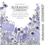 Vector frame of blue flowers. Hydrangeas, phlox, violets, delphinium, irises, cornflowers, bluebells, pansies, anemones, lupine, chicory, hiancinth, speedwell, periwinkle, muscari, scilla