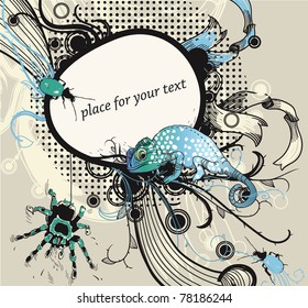 vector frame with a blue  lizard, colored bugs and a spider on an abstract background