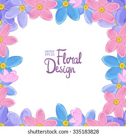 Vector frame with blue, pink and violet forget-me-not flowers on a white background. Floral design