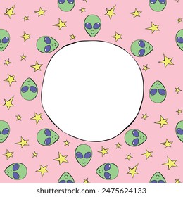 Vector frame, border from Aliens green heads, stars in doodle flat style. Bright background, decoration on theme of space, UFO, fantastic, kids design