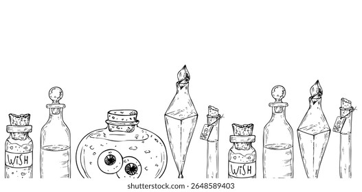 Vector frame, border, banner with Glass potion bottles with cork and eyes, death symbol. Hand painted linear wizard halloween illustration. Graphic magic monochrome sketch isolated on background. For