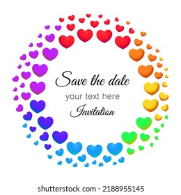 Vector frame, border from color rainbow hearts. LGBT community concept. Gay Pride Month celebration