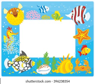 Vector frame border with colorful tropical fishes, a crab, a starfish, a seahorse and shells