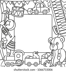 Vector frame border with contour of toys drawn in cartoon style.