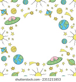 Vector frame, border from cute aliens, planets, stars, Flying Saucers, UFO. Funny color background, decoration on theme of space, kids design