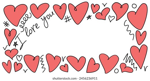 Vector frame, border from hand drawn red outline hearts. Simple freehand scribble background, decoration for Valentine's day, romantic design