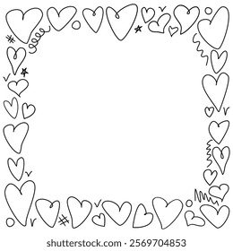 Vector frame, border from hand drawn outline hearts. Simple freehand scribble background, decoration for Valentine's day, romantic design