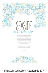 Vector frame, border of line art tropical sea elements, seashells, starfish. Doodles of marine life. Sea decor for scrapbook, card, decoration, design. Ocean, sea creatures. Maritime illustration