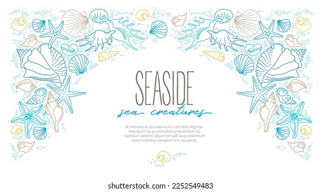 Vector frame, border of line art tropical sea elements, seashells, starfish. Doodles of marine life. Sea decor for scrapbook, card, decoration, design. Ocean, sea creatures. Maritime illustration