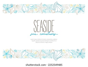 Vector frame, border of line art tropical sea elements, seashells, starfish. Doodles of marine life. Sea decor for scrapbook, card, decoration, design. Ocean, sea creatures. Maritime illustration