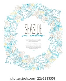 Vector frame, border of line art tropical sea elements, seashells, starfish. Doodles of marine life. Sea decor for scrapbook, card, decoration, design. Ocean, sea creatures. Maritime illustration