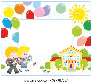 vector frame border with a little schoolgirl and a schoolboy going to school with their schoolbags and flowers on September 1st