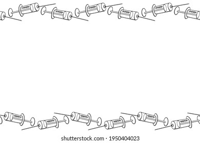 Vector frame, border made of contoured syringes. Horizontal top and bottom edging, decoration, background on theme of injections, treatment, vaccination, health and medicine in doodle style