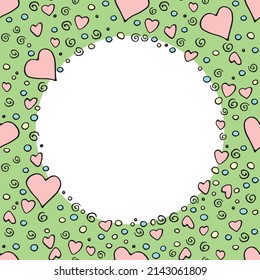 Vector frame, border from outline colorful elements hearts points drops spirals. Simple romance background, decoration, symbol of love in doodle style