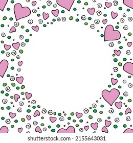 Vector frame, border from outline colorful elements hearts points drops spirals. Simple romance background, decoration, symbol of love in doodle style