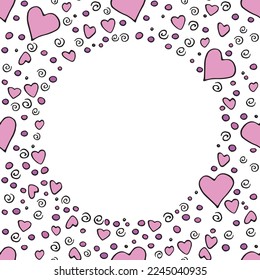 Vector frame, border from outline colorful elements hearts points drops spirals. Simple romance background, decoration, symbol of love in doodle style