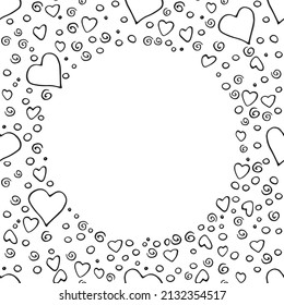 Vector frame, border from outline elements hearts points drops spirals. Simple romance background, decoration, symbol of love in doodle style