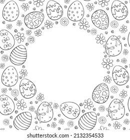 Marco vectorial, borde del contorno de huevos ornamentales de Pascua, flores. Sencillo fondo de vacaciones de primavera, decoración de estilo doodle