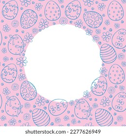 Vector frame, border from outline ornamental easter eggs, flowers. Simple spring holiday background, decoration in doodle style