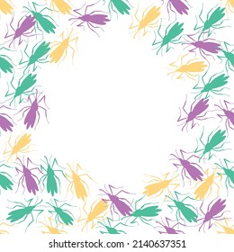 Marco vectorial, borde de mosquitos, polillas o escarabajos de color rosa, verde, amarillo y plano. Fondo multicolor, decoración con insectos, parásitos, plagas